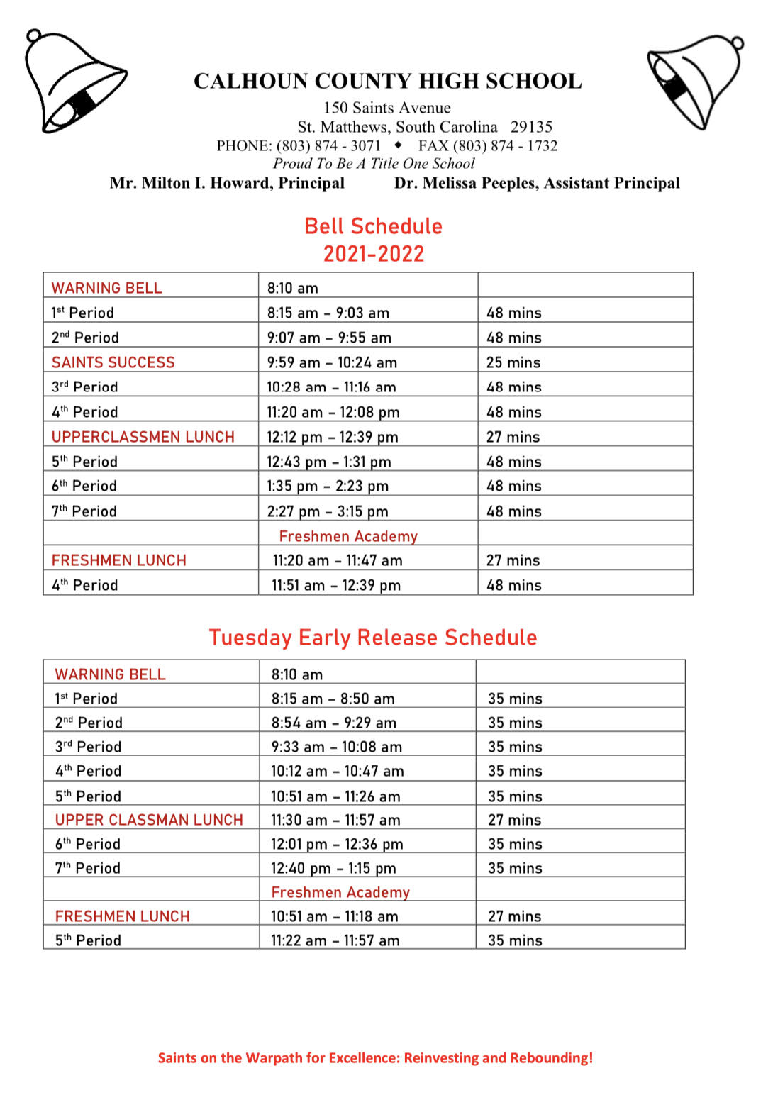 CCHS 2021-2022 Bell Schedule