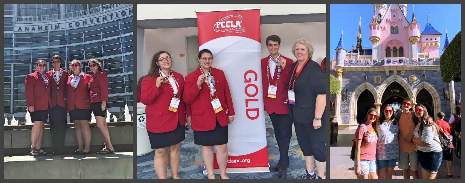 FCCLA Wins in Anaheim! Kassidy Simmons, Clark Bradley,Lainee Hawkins, Aleisha Annis and sponsor Mrs. Linda Black.