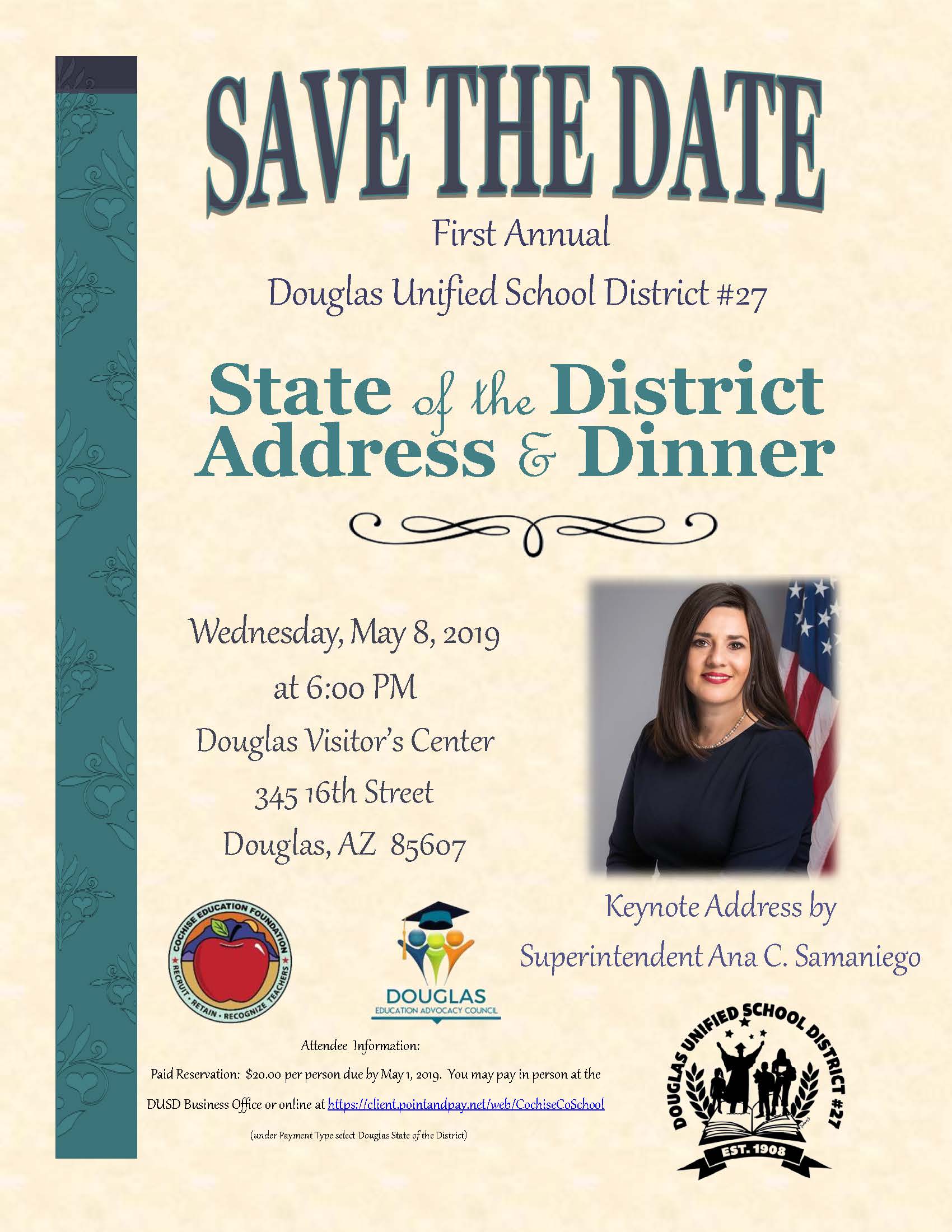 State of the District Address & Dinner on Wednesday May 8,2019 at the Douglas Visitor's Center