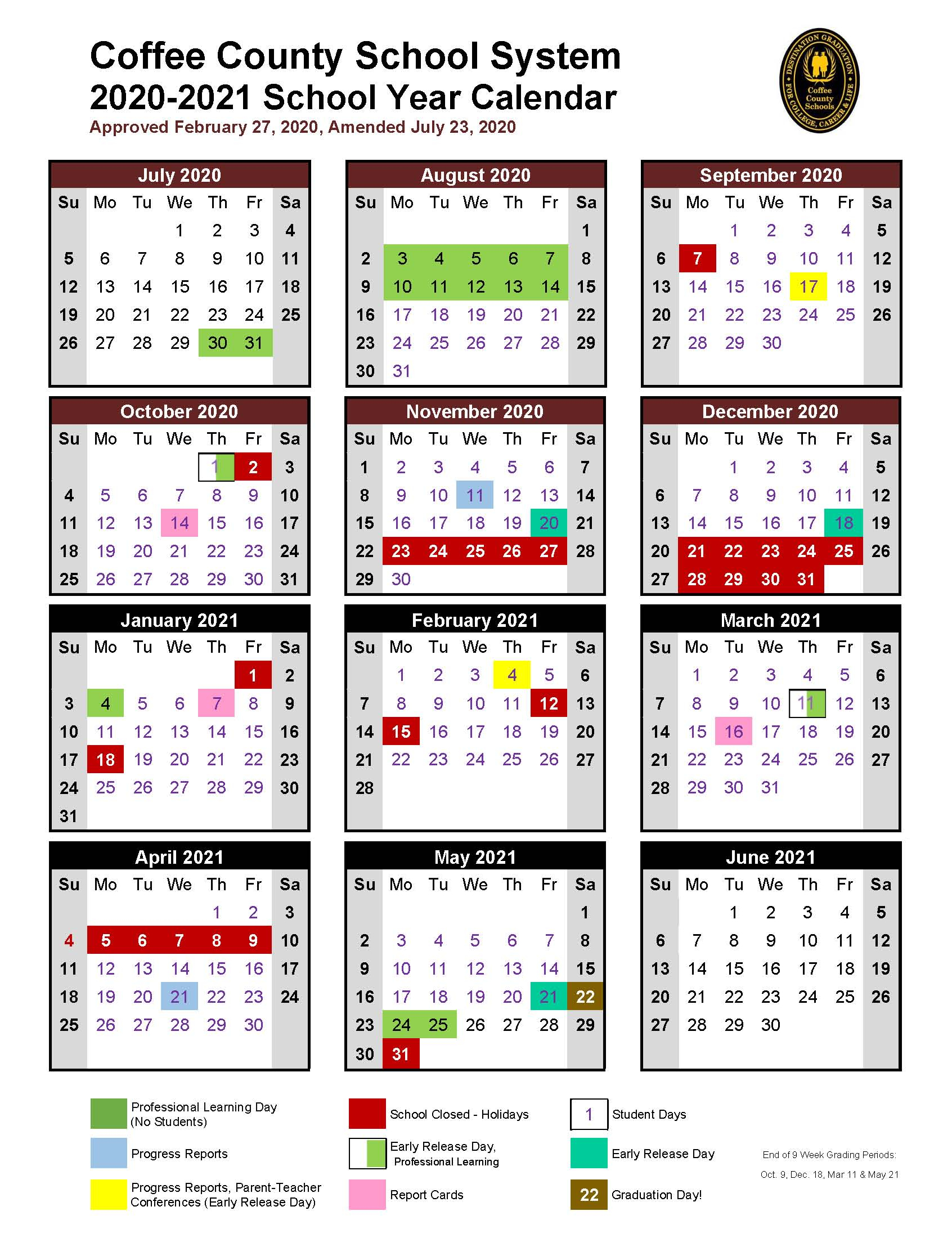 2020-2021 School Calendar | Coffee County School System