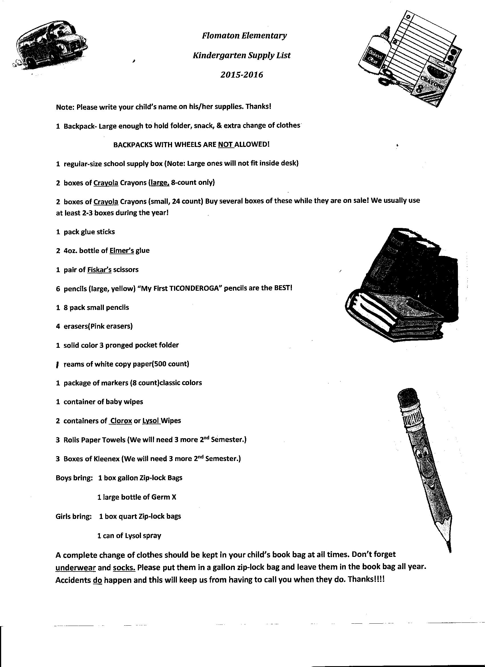 Flomaton Elementary School Latest News Kindergarten Supply List