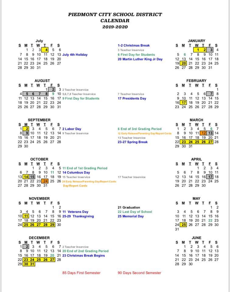 Piedmont Elementary School Highlights School Calendar for 20192020