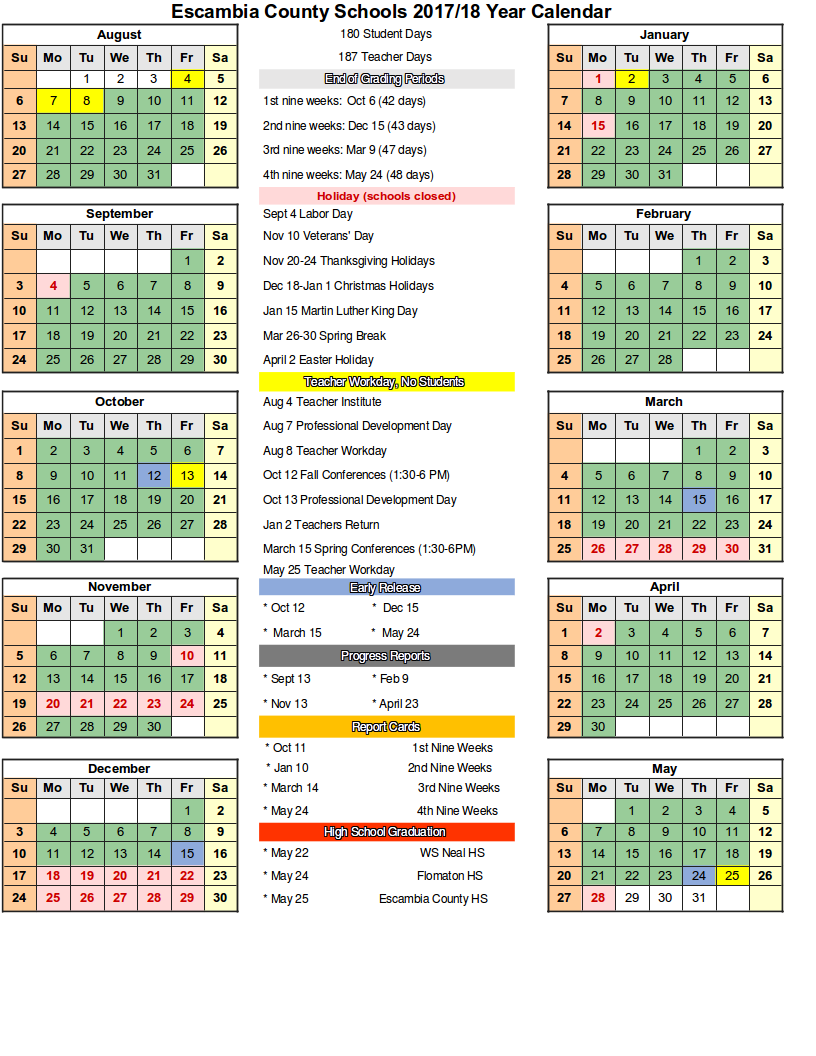 School Calendar Escambia County Schools
