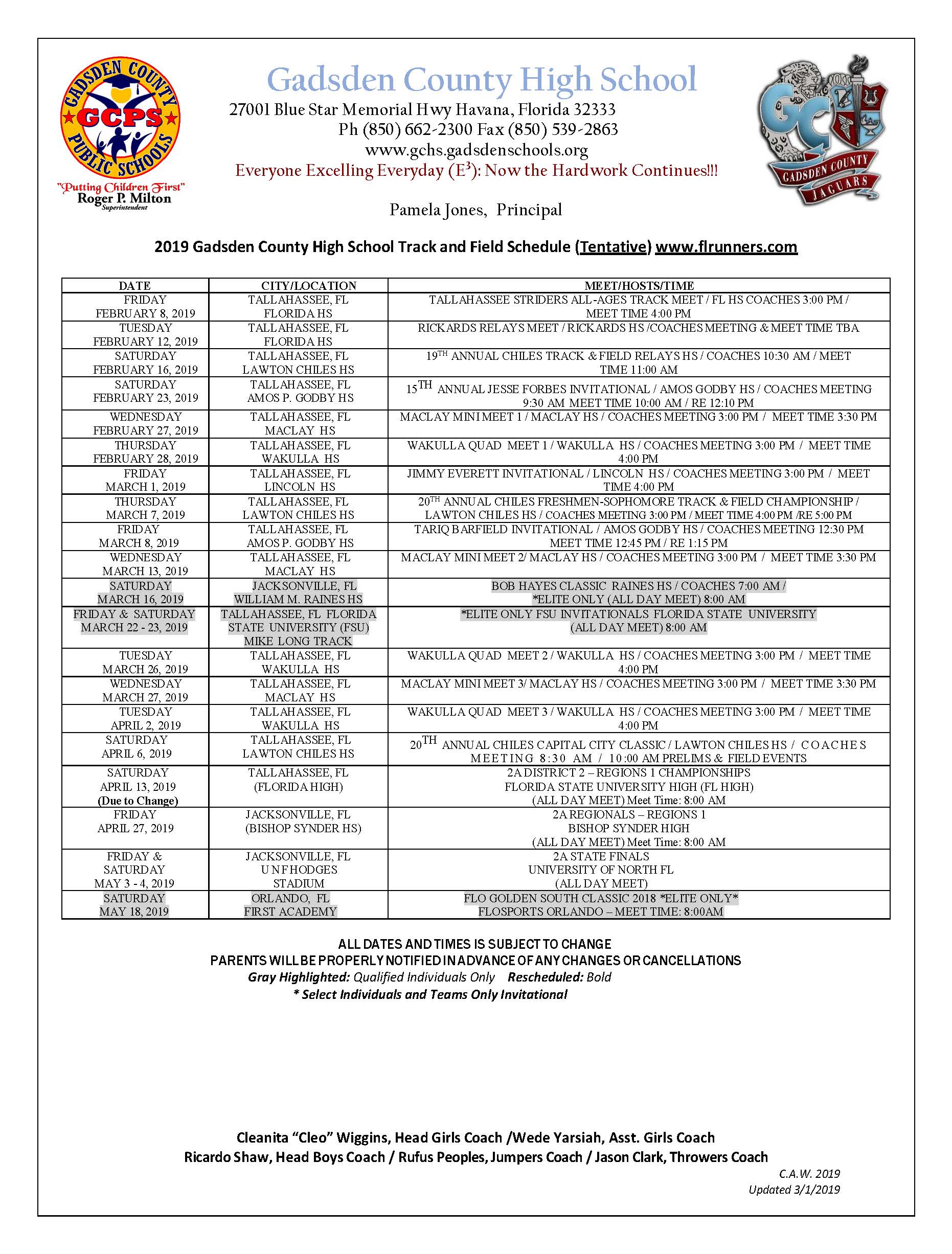 Gadsden County High School Sports Track & Field Girls Forms