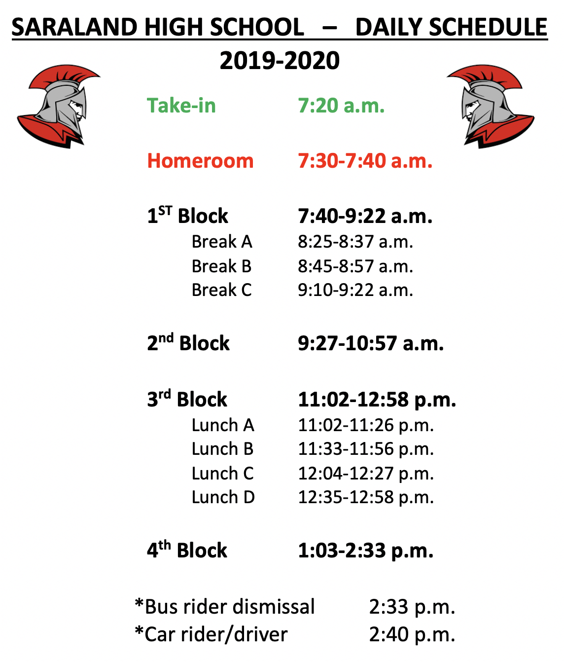 Saraland High School: Latest News - Daily Schedule - 2019-2020